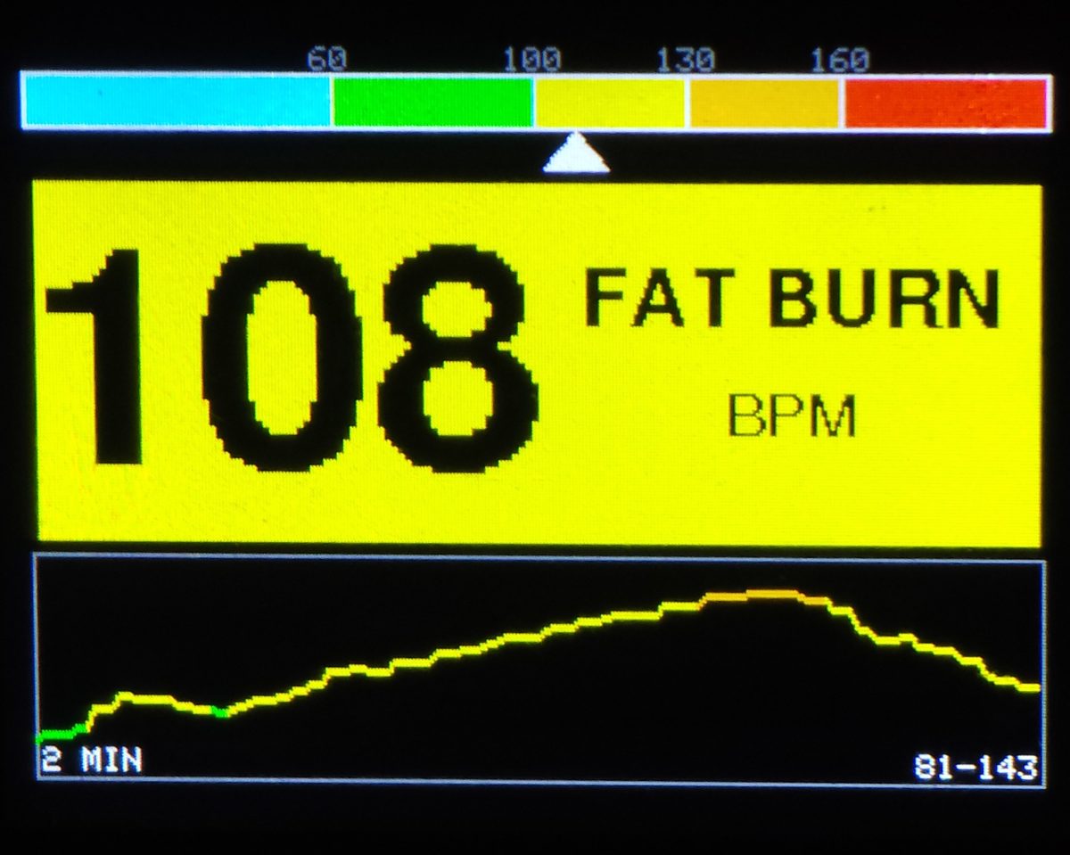 The TFT showing 108 BPM in the fat-burn zone.