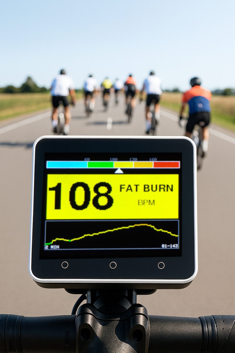 The HR Zone Pro display on the handlebars during a group ride.