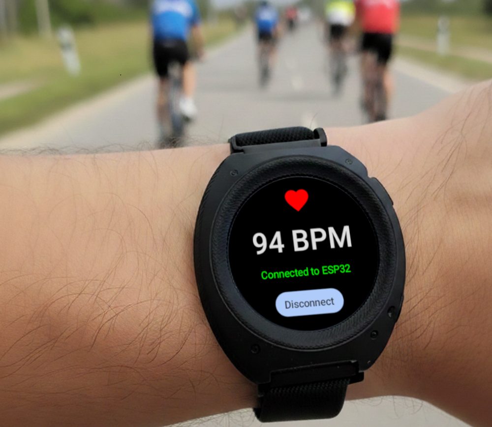 The Wear OS app showing 94 BPM, connected to the ESP32.