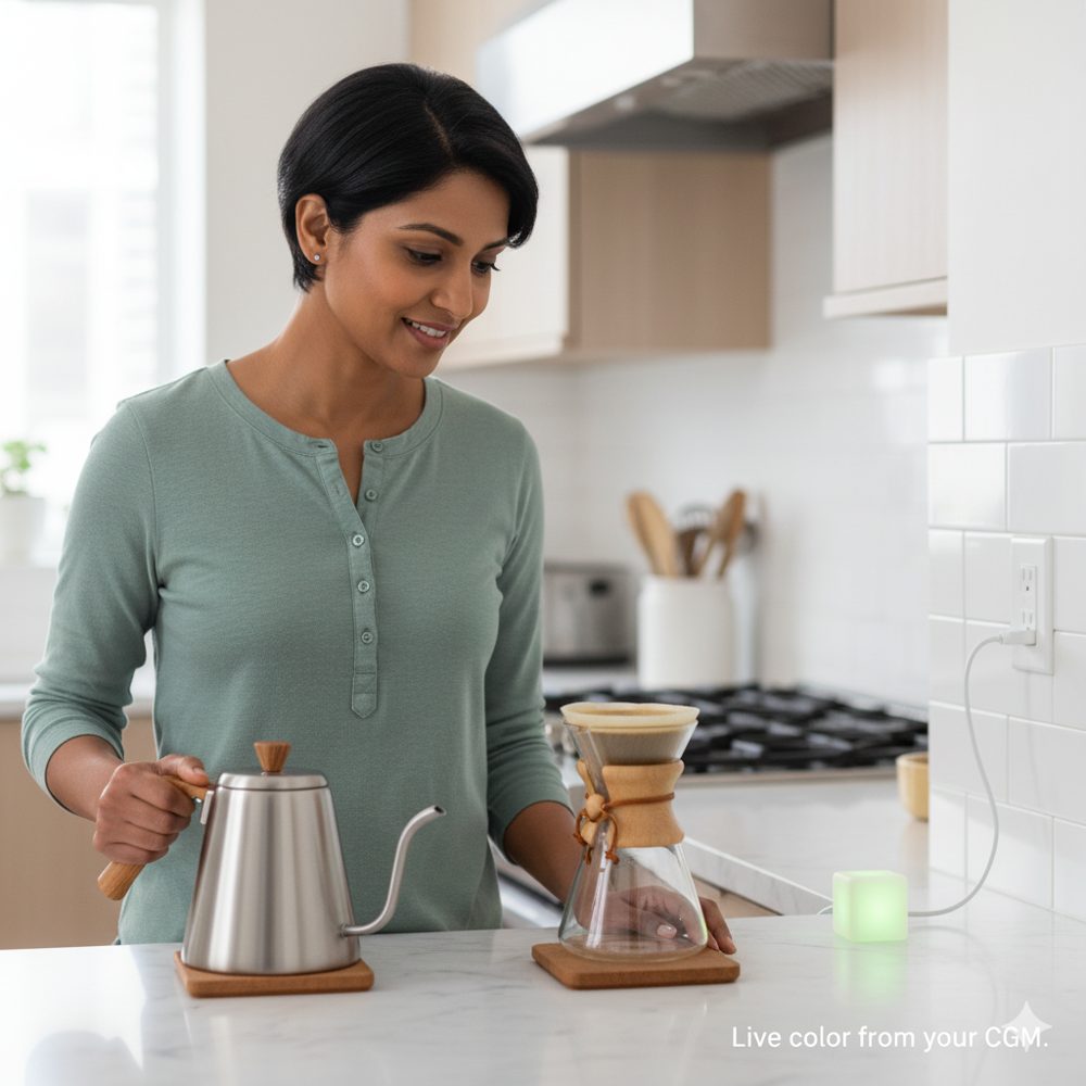 Sugar Cube glowing green on a kitchen counter while someone makes coffee.